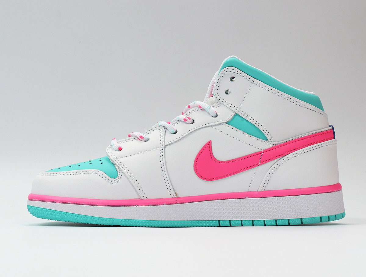 Jordan 1 Mid Sneakers in White Pink Turquoise 555112-102 - product image from the listing.