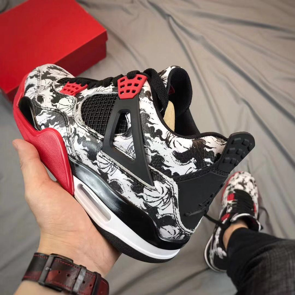 Air Jordan 4 Tattoo Black White Red Sneakers - product image from the listing.