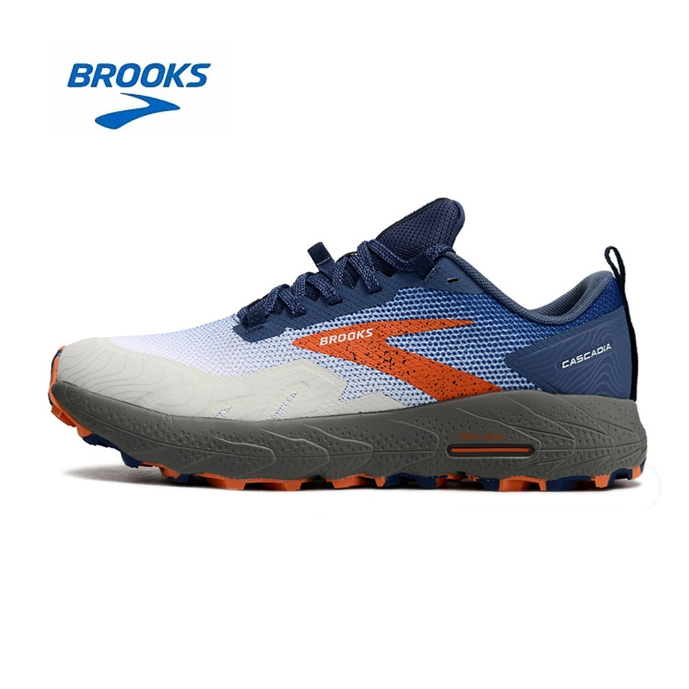 Brooks Cascadia 17 Trail Running Shoes in Navy and Orange - product image from the listing.