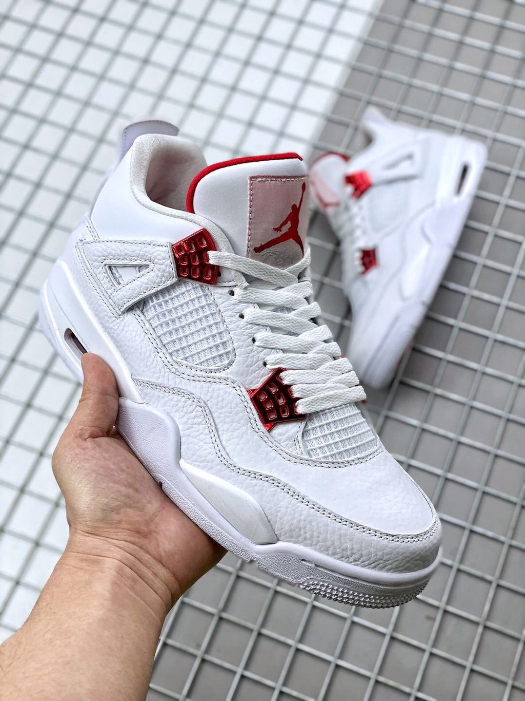 Air Jordan 4 Red Metallic White Red Sneakers - product image from the listing.