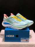 Aqua and Yellow HOKA Clifton 10 Running Shoes - product image from the listing.