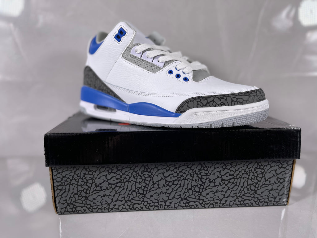 Jordan 3 Retro Sneakers in White and Royal Blue - product image from the listing.