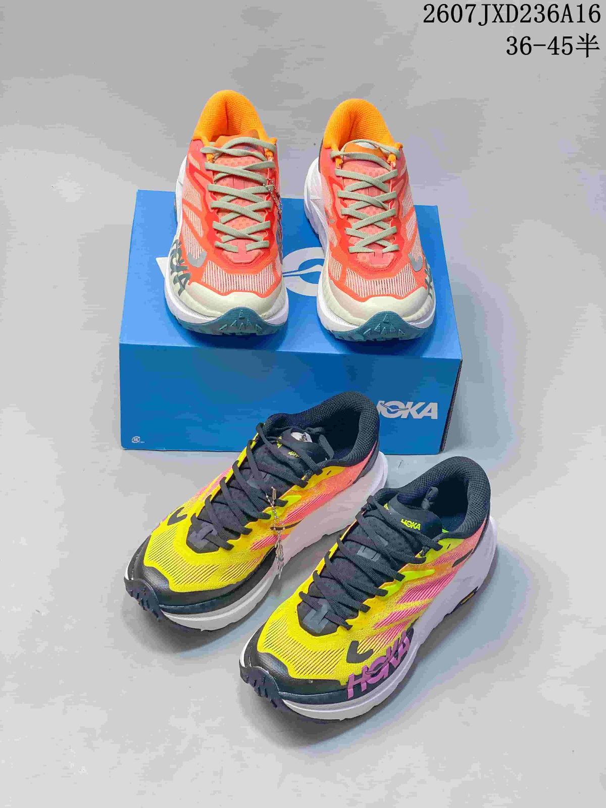 Hoka MAFATE X Trail Running Shoes in Coral and Yellow - product image from the listing.