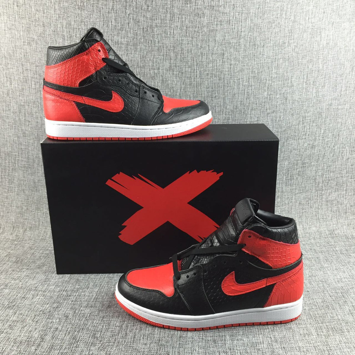 Black Red Scale-Textured Sneakers - Air Jordan 1 High - product image from the listing.