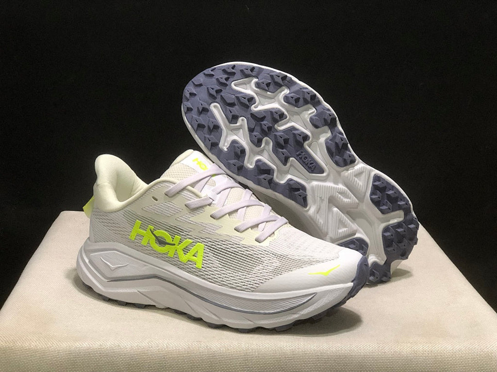 HOKA Challenger 8 Trail Running Shoes, in White and Lime - product image from the listing.