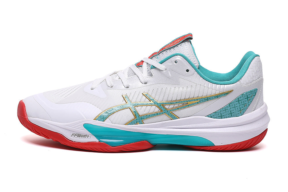 ASICS Court Shoes in White Turquoise Red - product image from the listing.