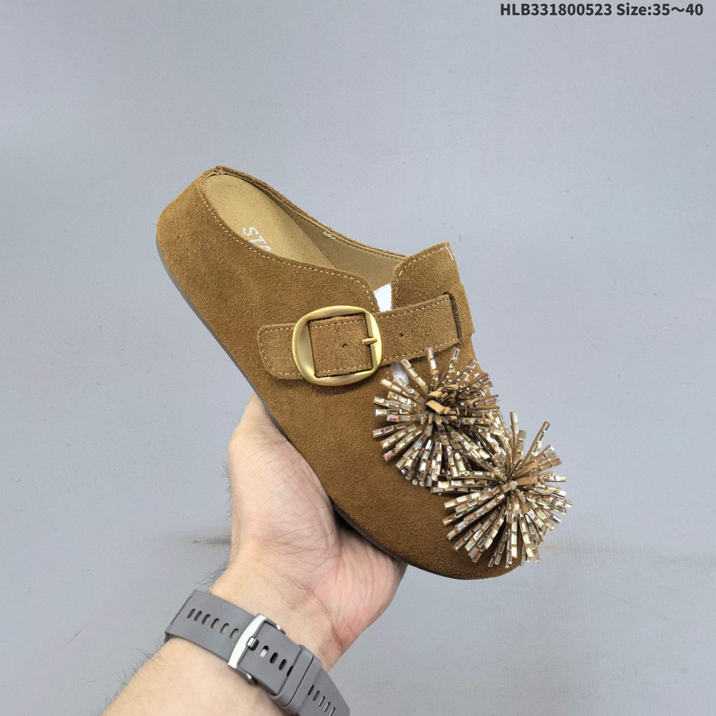 Brown Embellished Backless Slip-On Clogs with Buckle - product image from the listing.