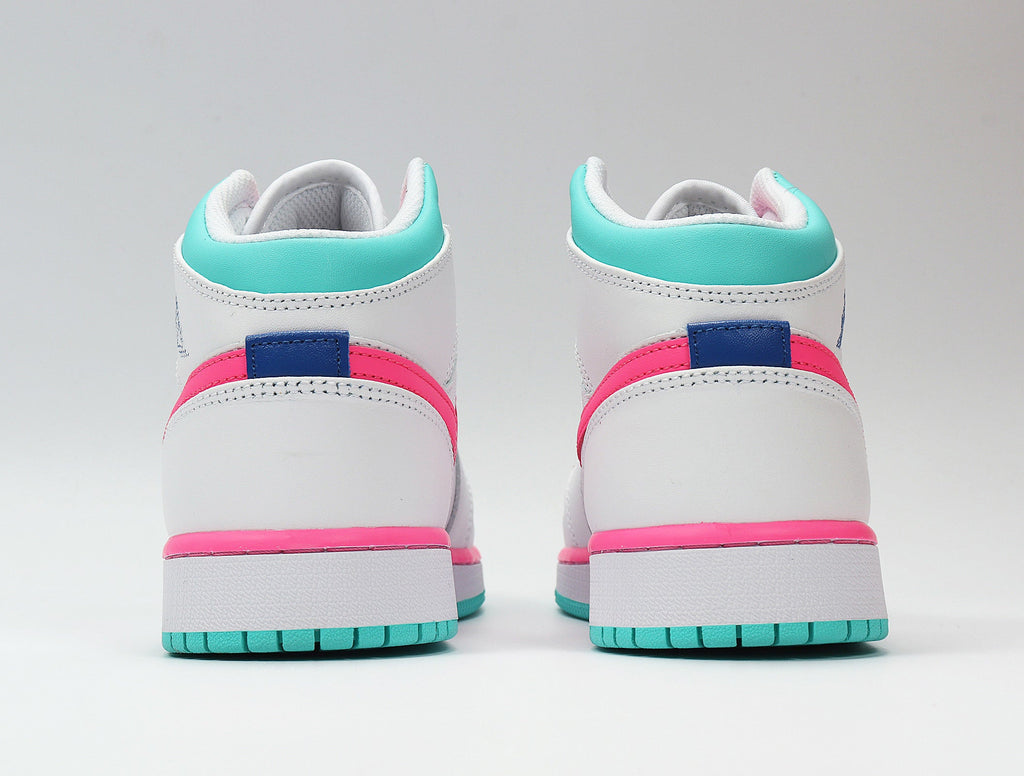 Jordan 1 Mid Sneakers in White Pink Turquoise 555112-102 - product image from the listing.