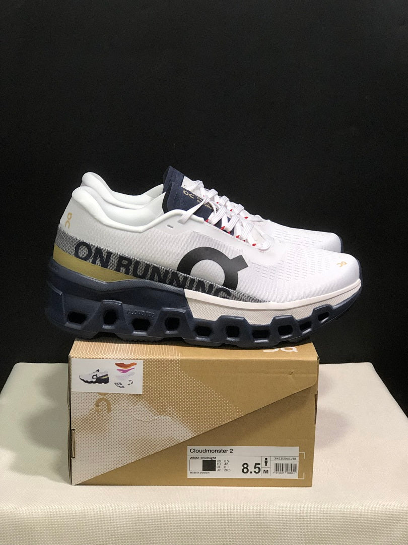 On Cloudmonster 2 Running Shoes, in White and Midnight - product image from the listing.