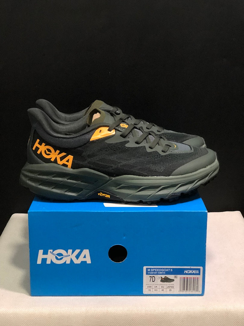 HOKA Speedgoat 5 Trail Running Shoes, in Black and Olive - product image from the listing.