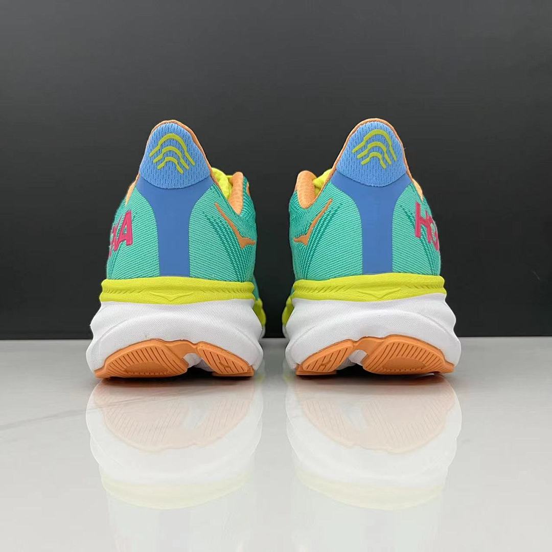Teal and Orange HOKA Clifton 9 Running Shoes - product image from the listing.