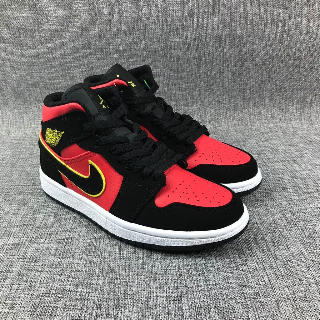 Air Jordan 1 Mid Black, Sneakers in Red and Volt - product image from the listing.