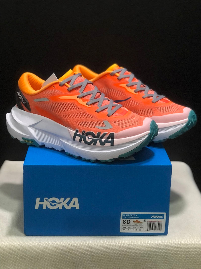 Orange HOKA Mafate X Trail Running Shoes - product image from the listing.