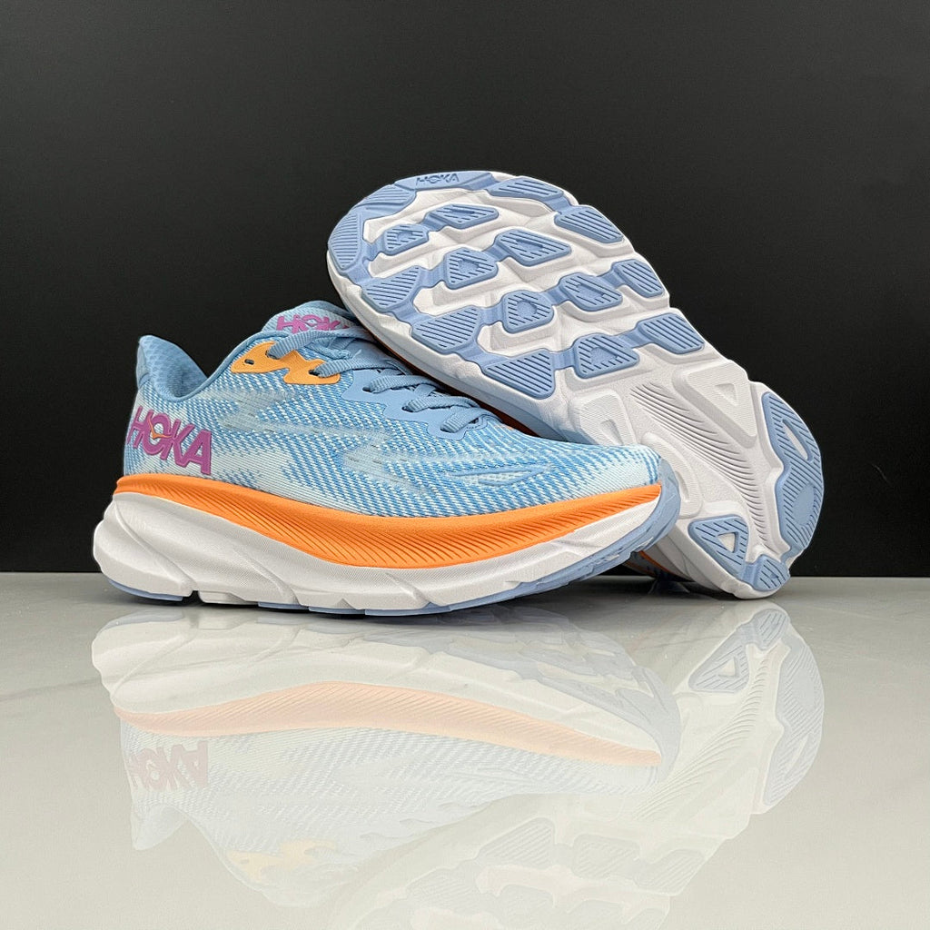 HOKA Clifton 9 Running Shoes in Blue and Orange - product image from the listing.