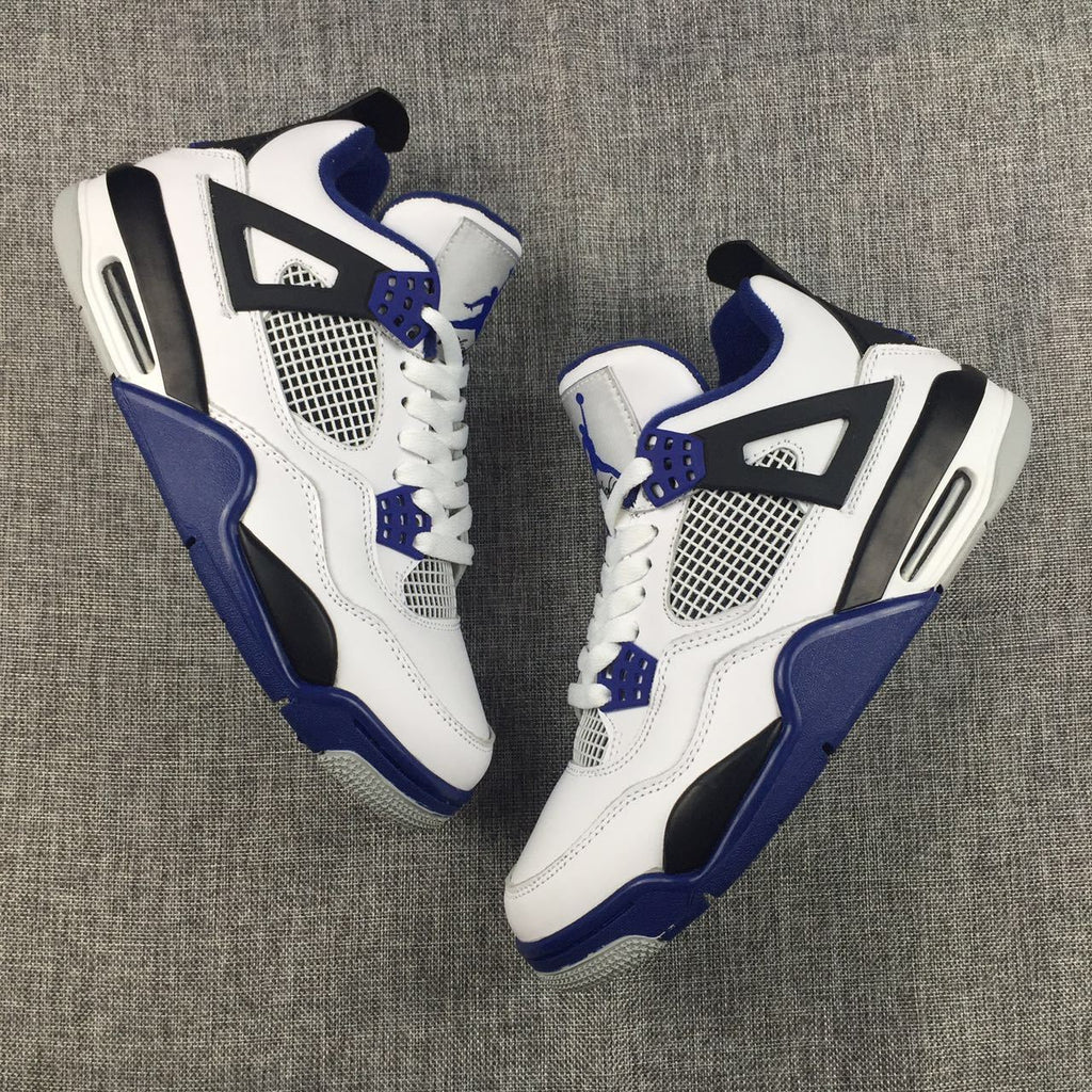 Air Jordan 4 Sneakers in White, Black and Blue - product image from the listing.