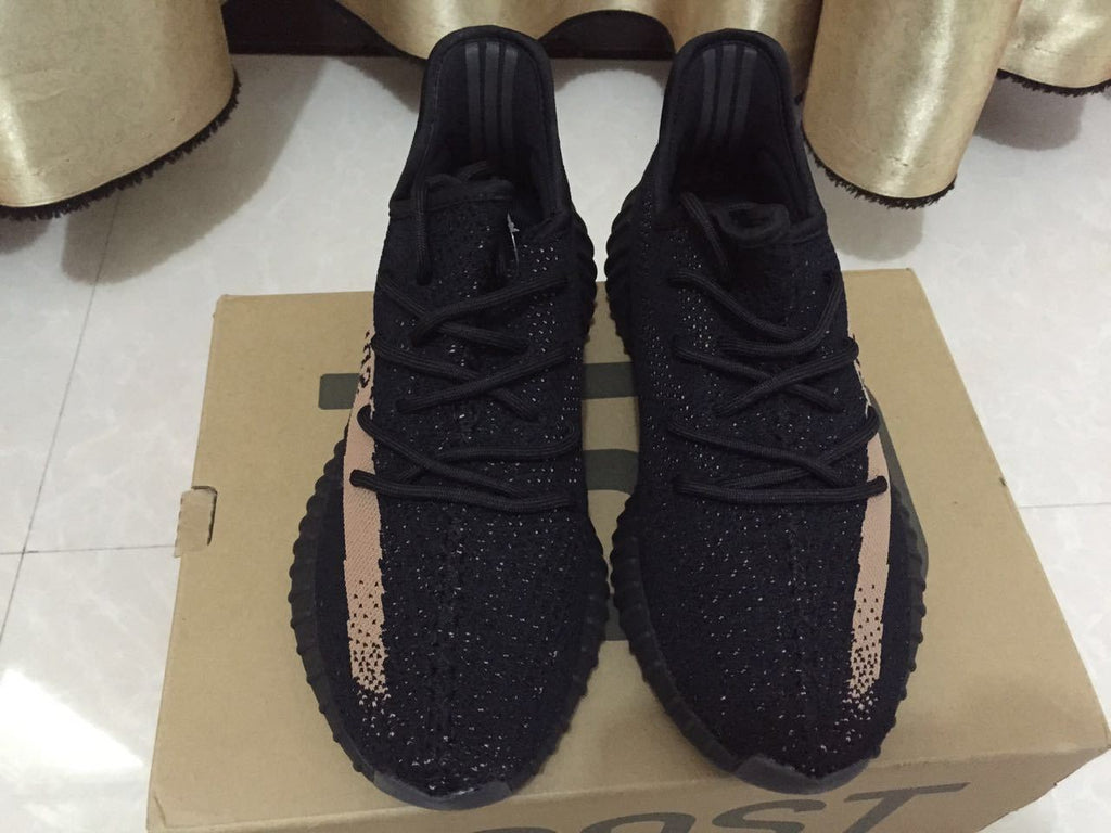Black and Beige Yeezy 350 V2 Knit Sneakers - product image from the listing.