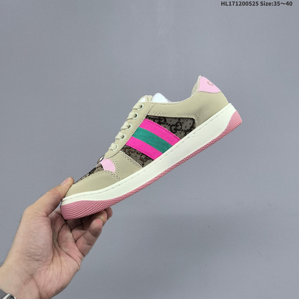 Gucci Screener Distressed Low-Top Sneakers in Beige Pink Green - product image from the listing.