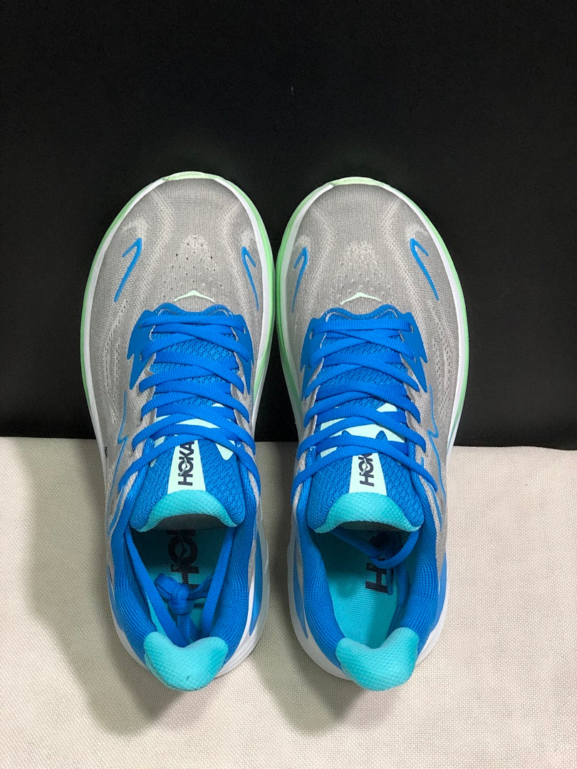 Gray and Blue HOKA Clifton 10 Running Shoes - product image from the listing.