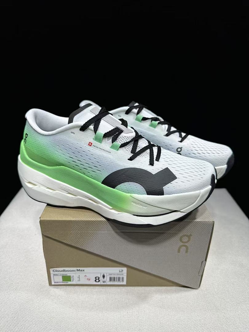 On Cloudboom Max Running Shoes, in White and Green - product image from the listing.