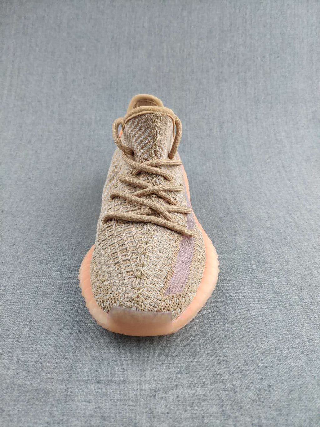 Gray and Coral Yeezy 350 V2 Knit Sneakers - product image from the listing.