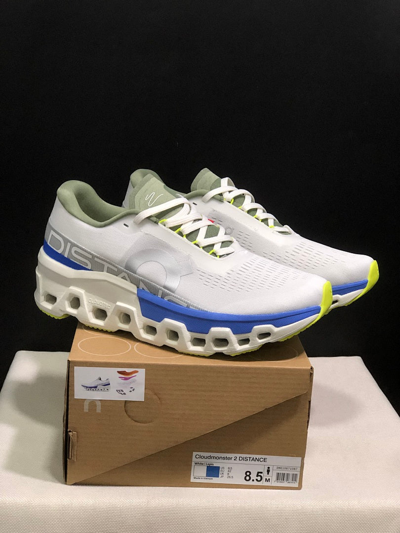 On Cloudmonster 2 Distance Running Shoes in White and Blue - product image from the listing.