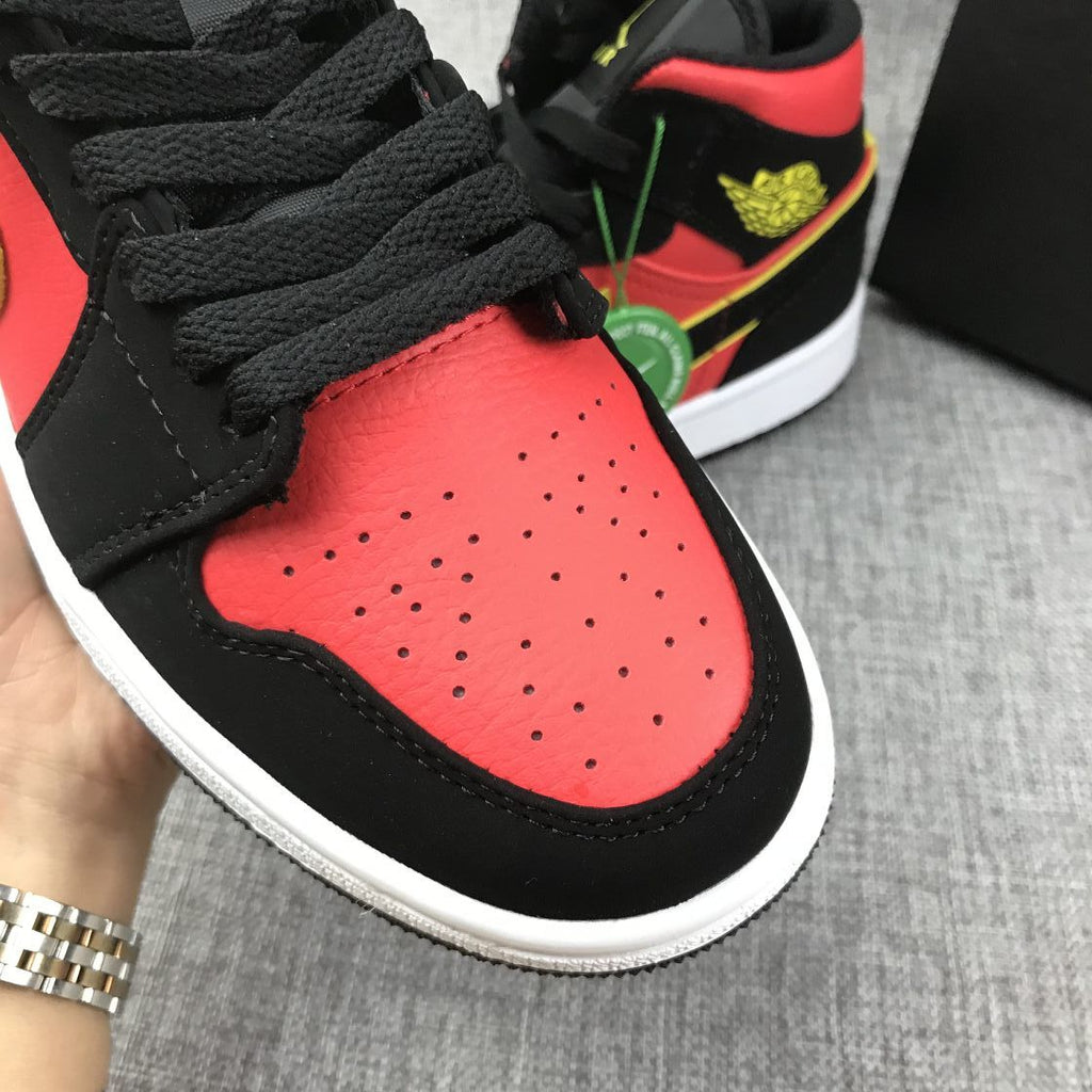 Air Jordan 1 Mid Black, Sneakers in Red and Volt - product image from the listing.