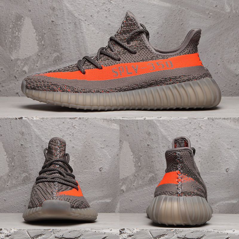 Charcoal and Bright Orange Yeezy 350 V2 Sneakers - product image from the listing.