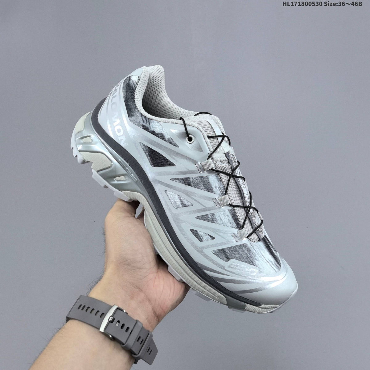 Salomon XT-6 Trail Running Shoes, in White and Grey - product image from the listing.