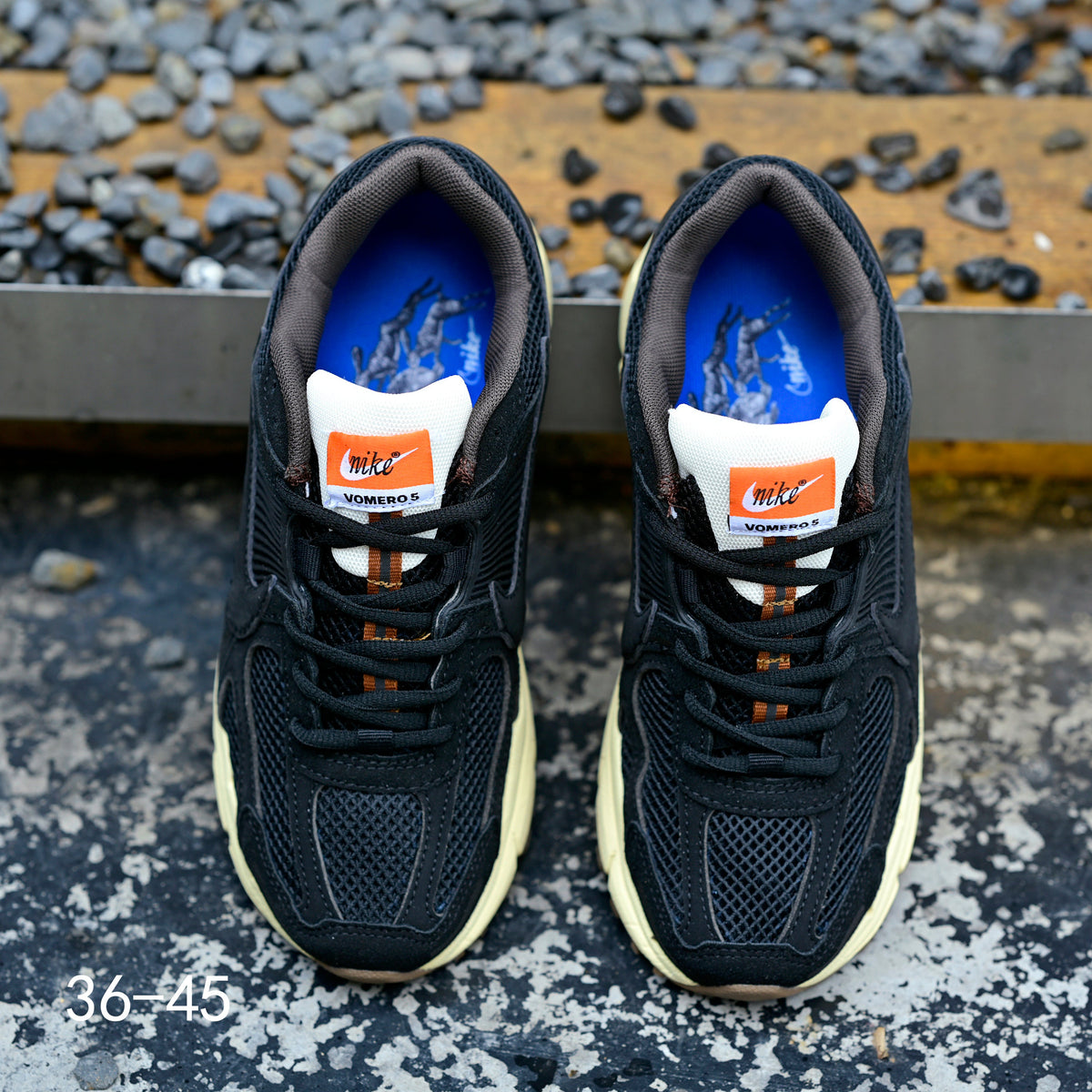 Black and Cream Nike Air Zoom Vomero 5 Sneakers - product image from the listing.