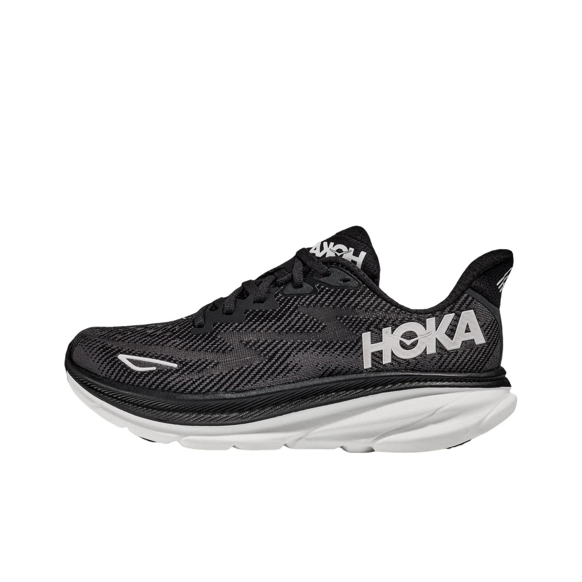 HOKA Clifton 9 Running Shoes in Black and White - product image from the listing.
