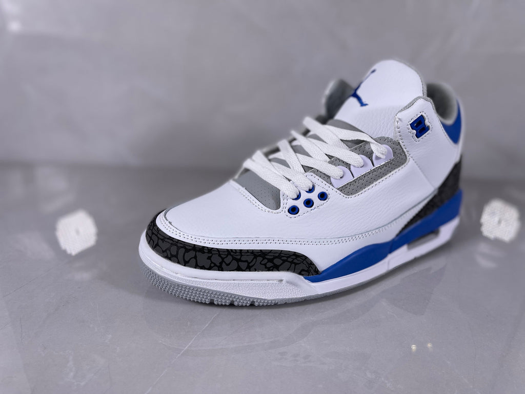 Jordan 3 Retro Basketball Sneakers in White and Royal Blue - product image from the listing.