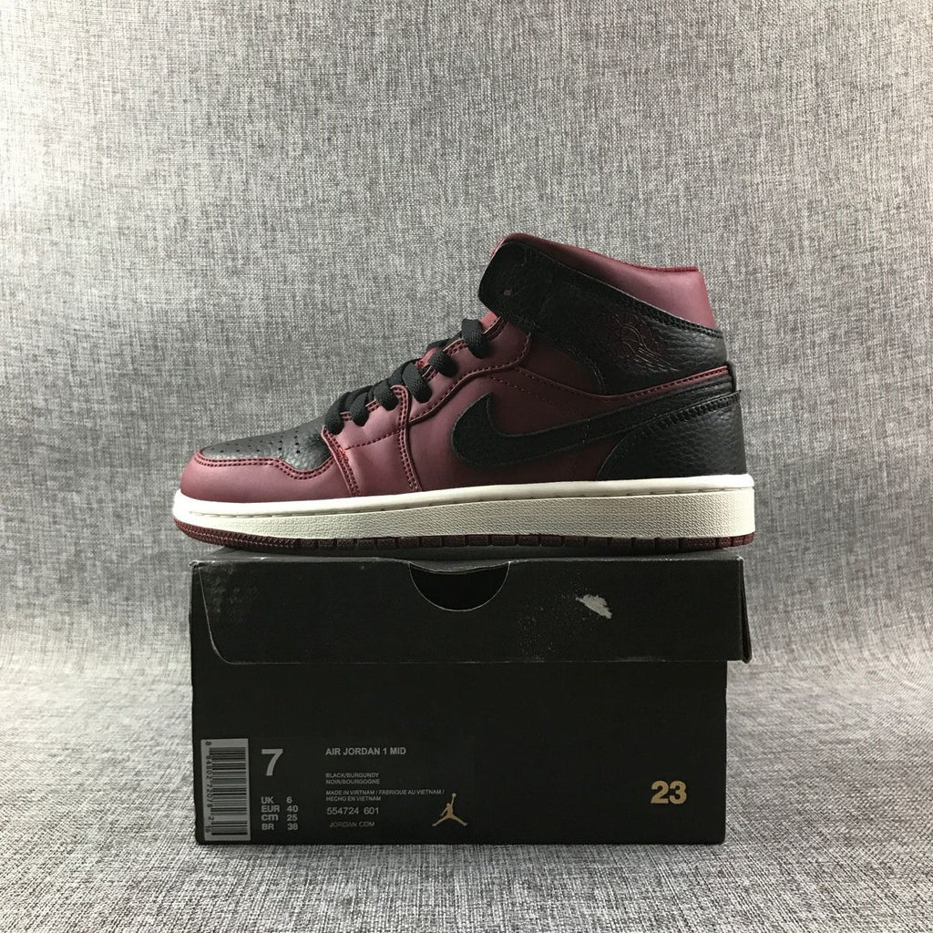 Air Jordan 1 Mid High-Top Sneakers in Burgundy and Black - product image from the listing.