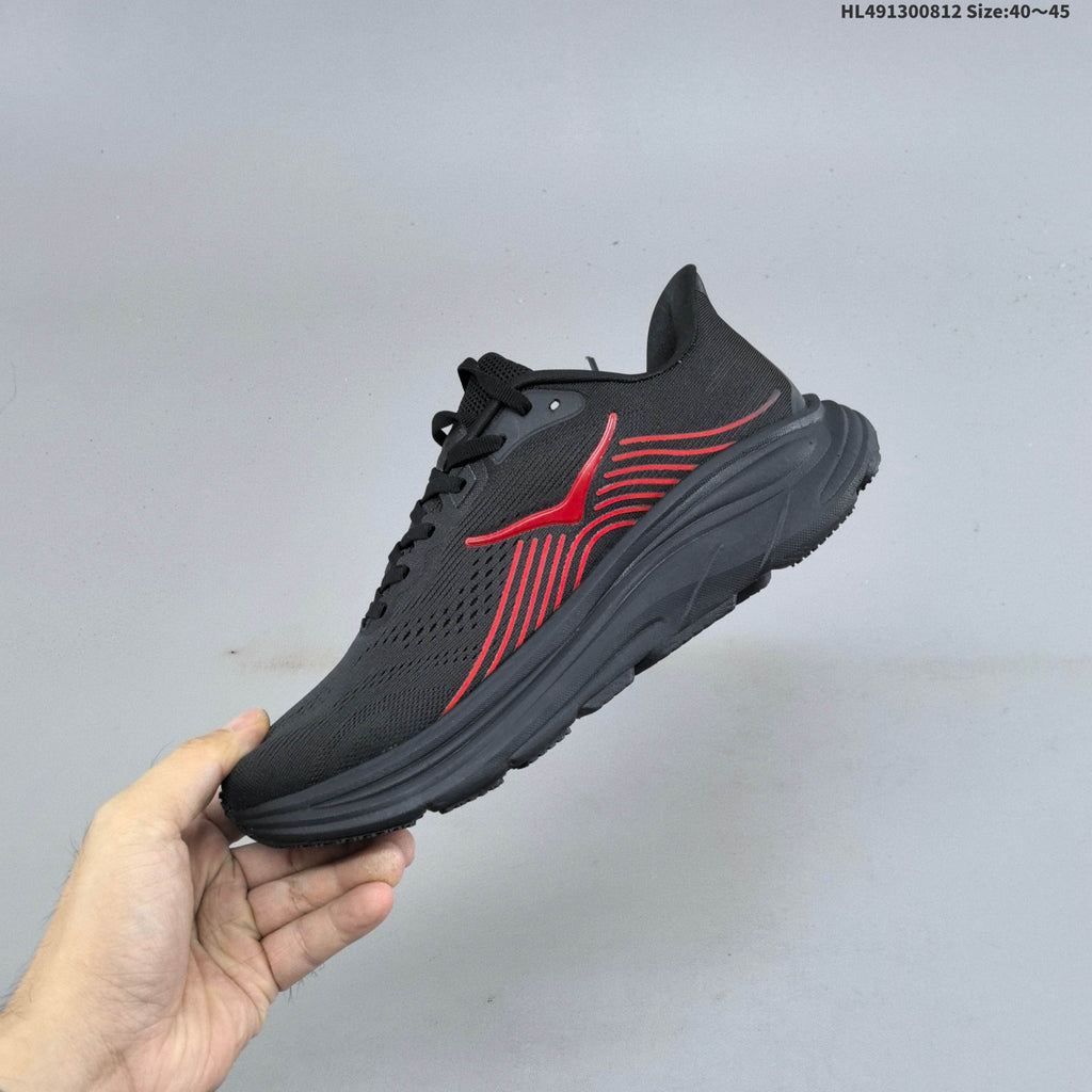 HOKA Clifton 11 Black Shoes for Running with Red Accents - product image from the listing.