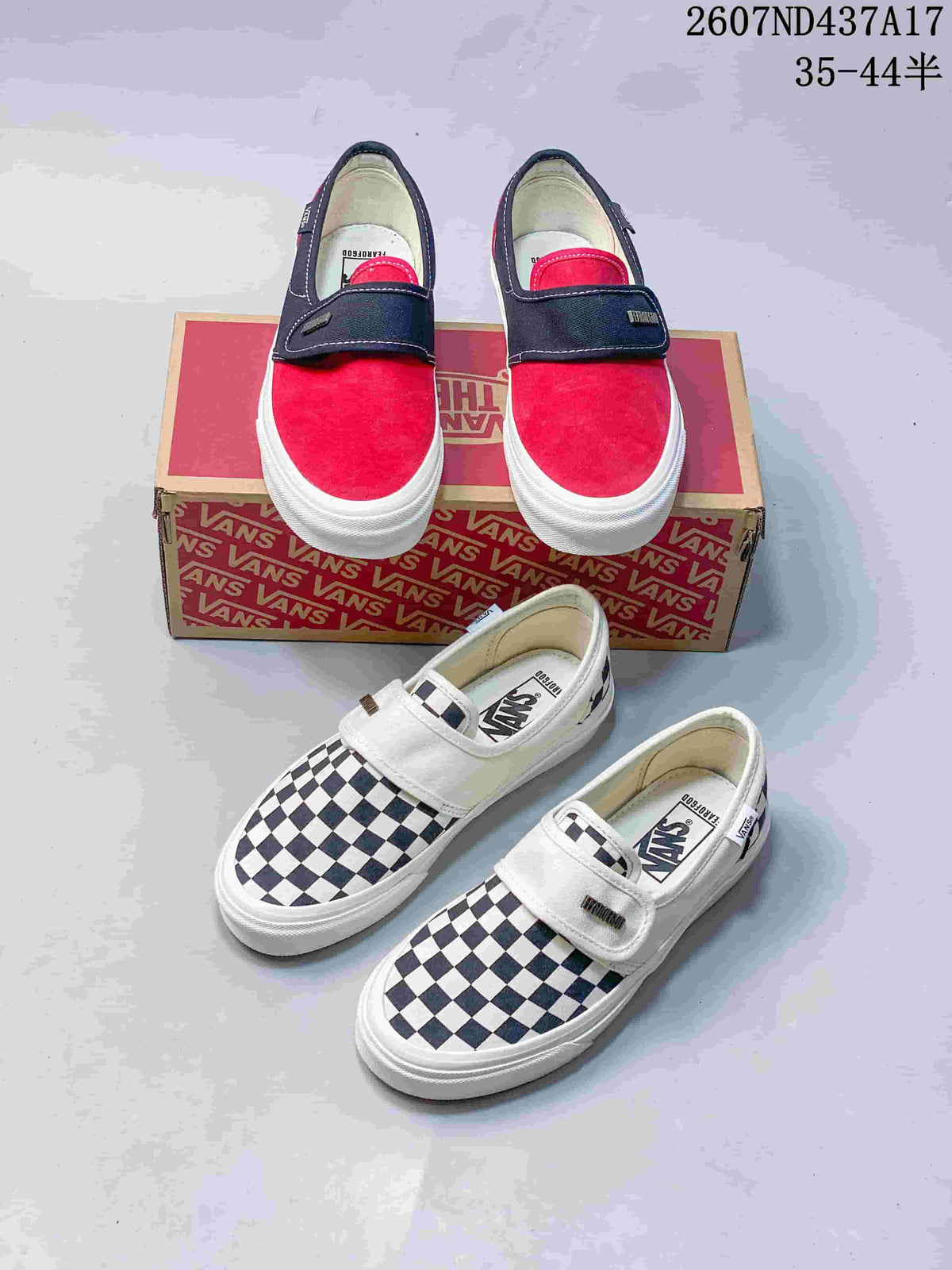 Vans Slip-On Trainers in Red/Navy and Checkerboard - product image from the listing.