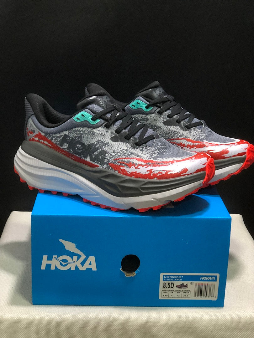 HOKA Stinson 7 Trail Running Shoes in Gray Red - product image from the listing.