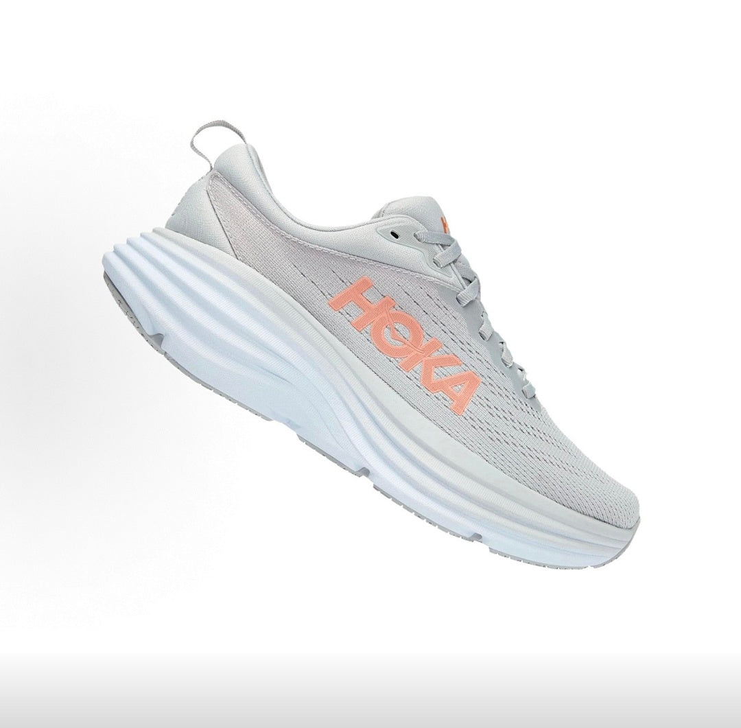 HOKA Bondi 8 Running Sneakers in Gray and Coral - product image from the listing.