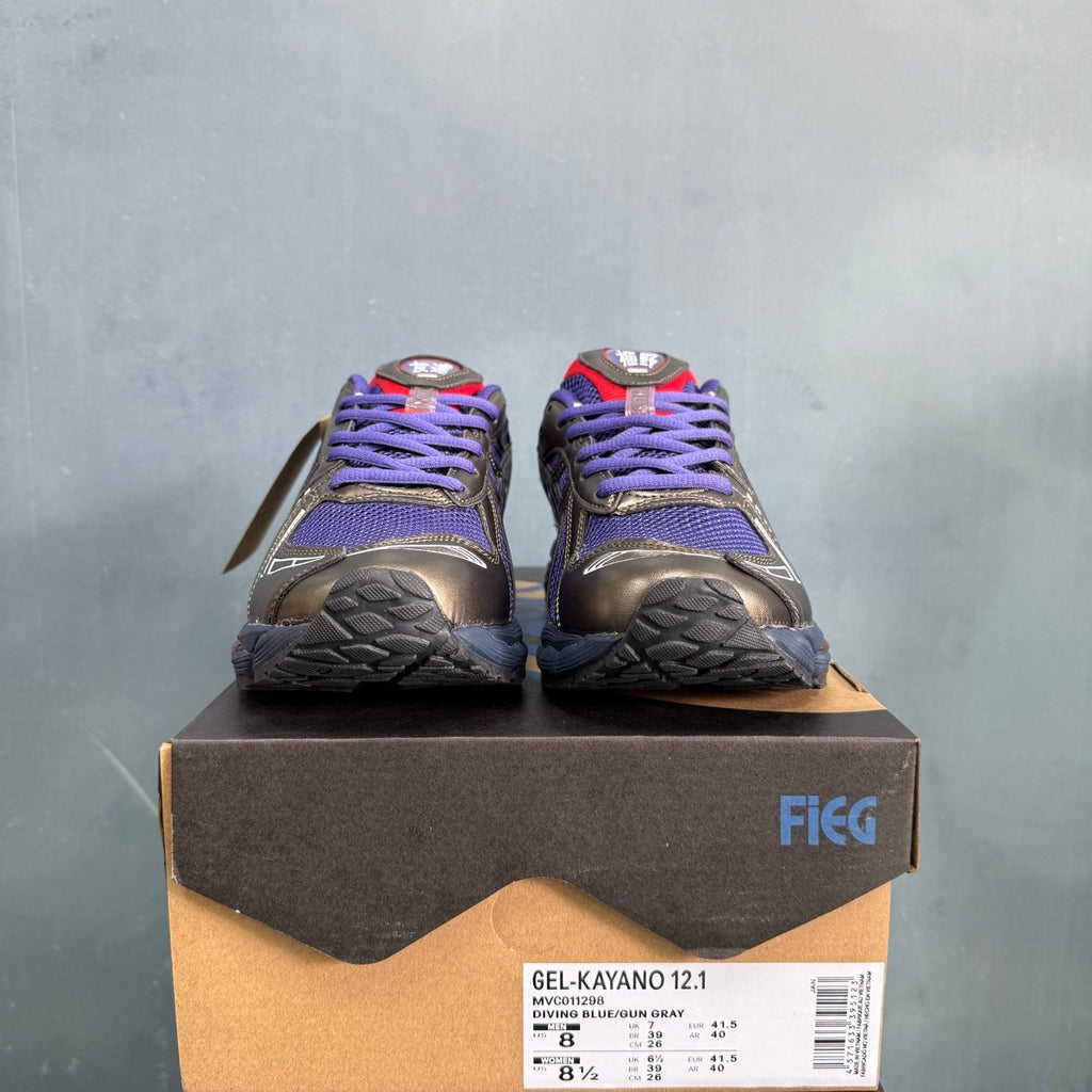 ASICS GEL-KAYANO 12.1 Blue and Gunmetal Trainers - product image from the listing.