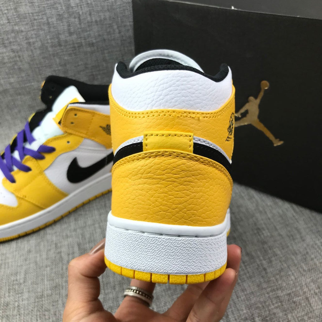 Air Jordan 1 Mid Lakers Sneakers in Yellow and Purple BQ6931-700 - product image from the listing.