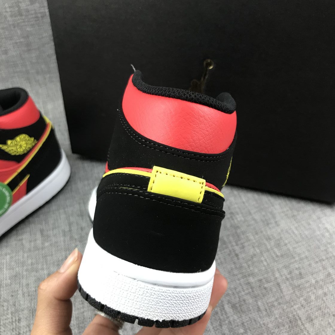 Air Jordan 1 Mid Black, Sneakers in Red and Volt - product image from the listing.