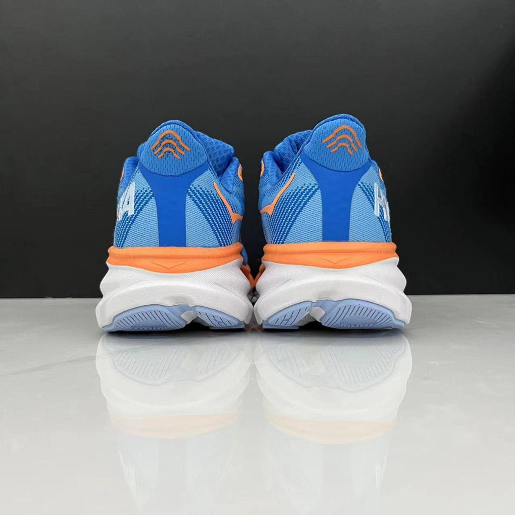 Blue and Orange HOKA Clifton 9 Running Shoes - product image from the listing.