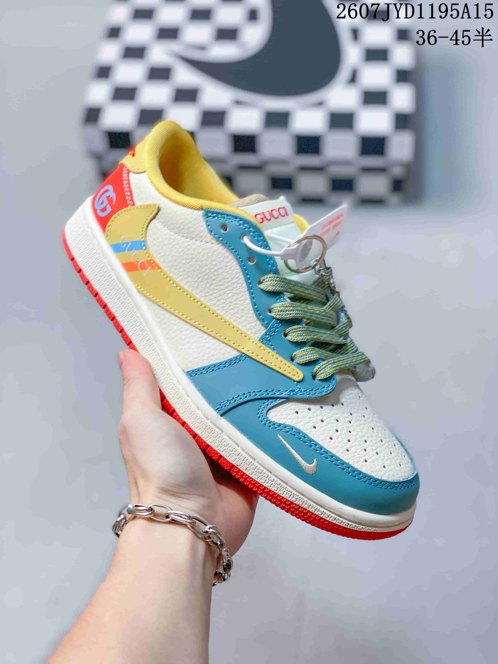 Air Jordan 1 Low OW-Style Sneakers in White, in Black and Blue - product image from the listing.