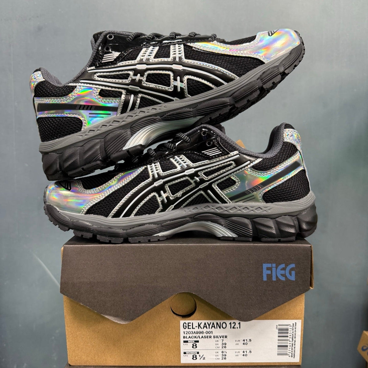 ASICS GEL-Kayano 12.1 Black Laser Sneakers in Silver - product image from the listing.