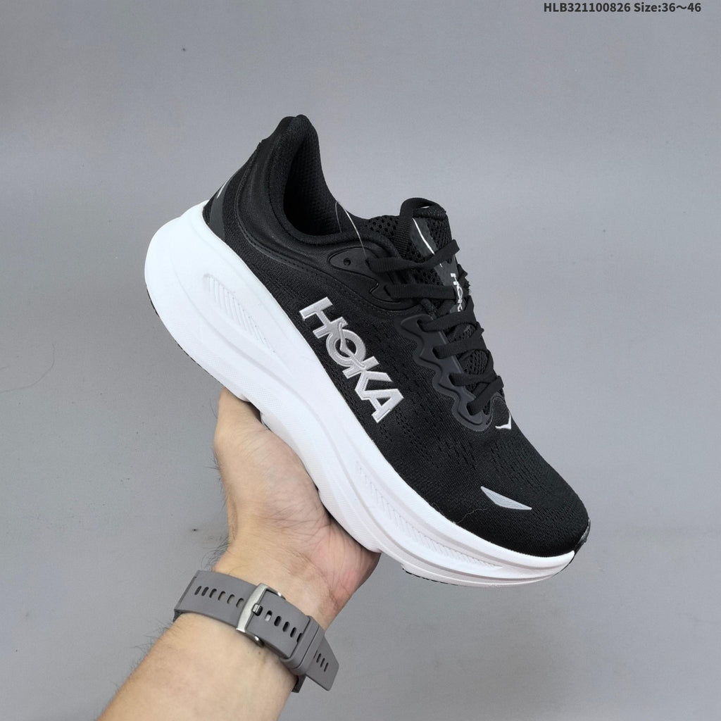 HOKA Bondi 9 Running Shoes in Black and White - product image from the listing.