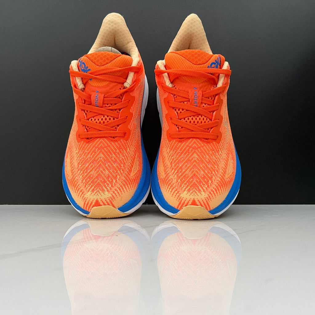 HOKA Clifton 9 Running Shoes, in Orange and Blue - product image from the listing.