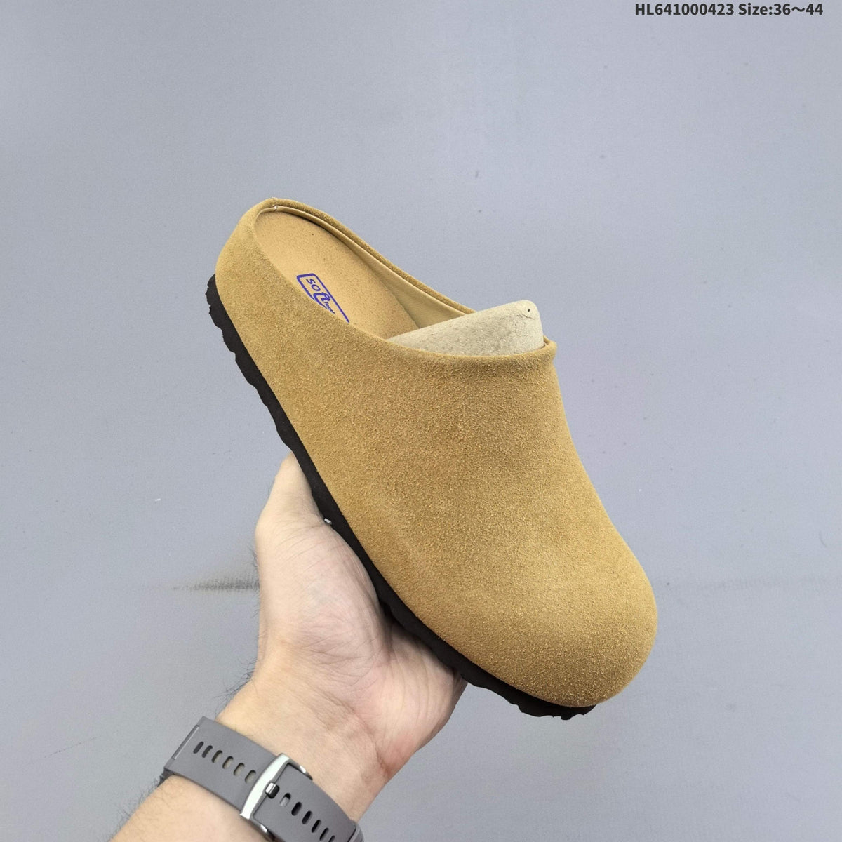 Birkenstock Suede Clog Mule in Tan or in Cream - product image from the listing.