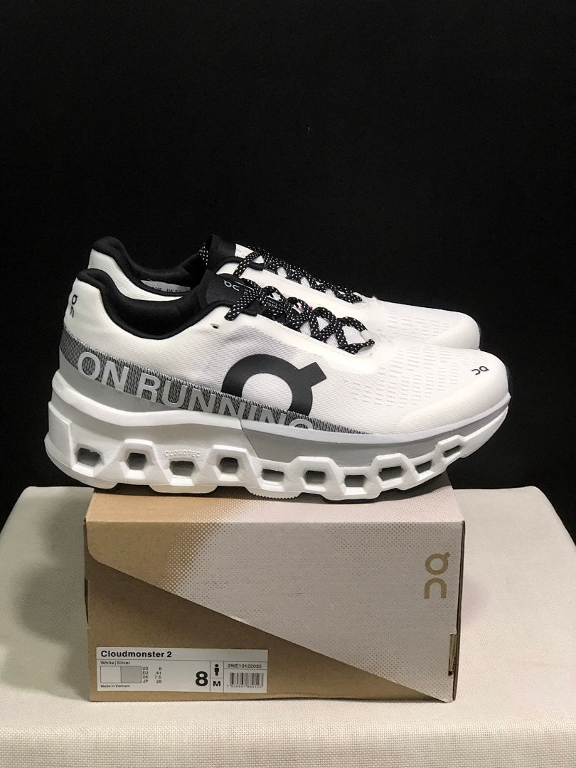 On Cloudmonster 2 Shoes for Running, White/Silver - product image from the listing.