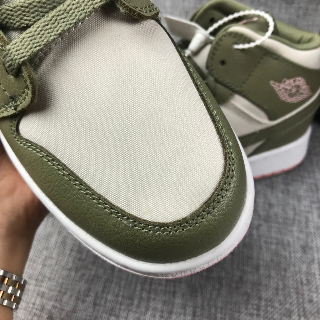 Olive Green and White Air Jordan 1 Mid GG Sneakers - product image from the listing.