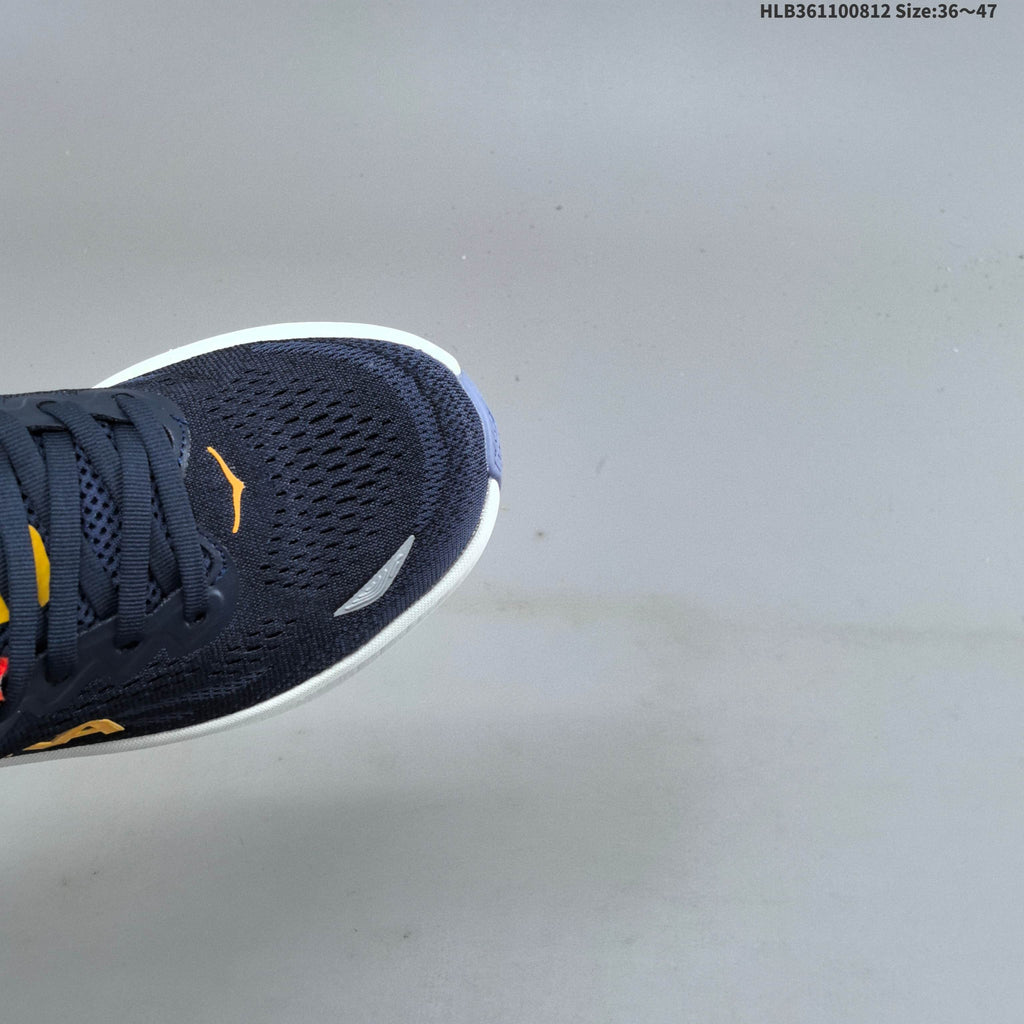 HOKA Bondi 9 Running Shoes in Navy, in Red and Yellow - product image from the listing.