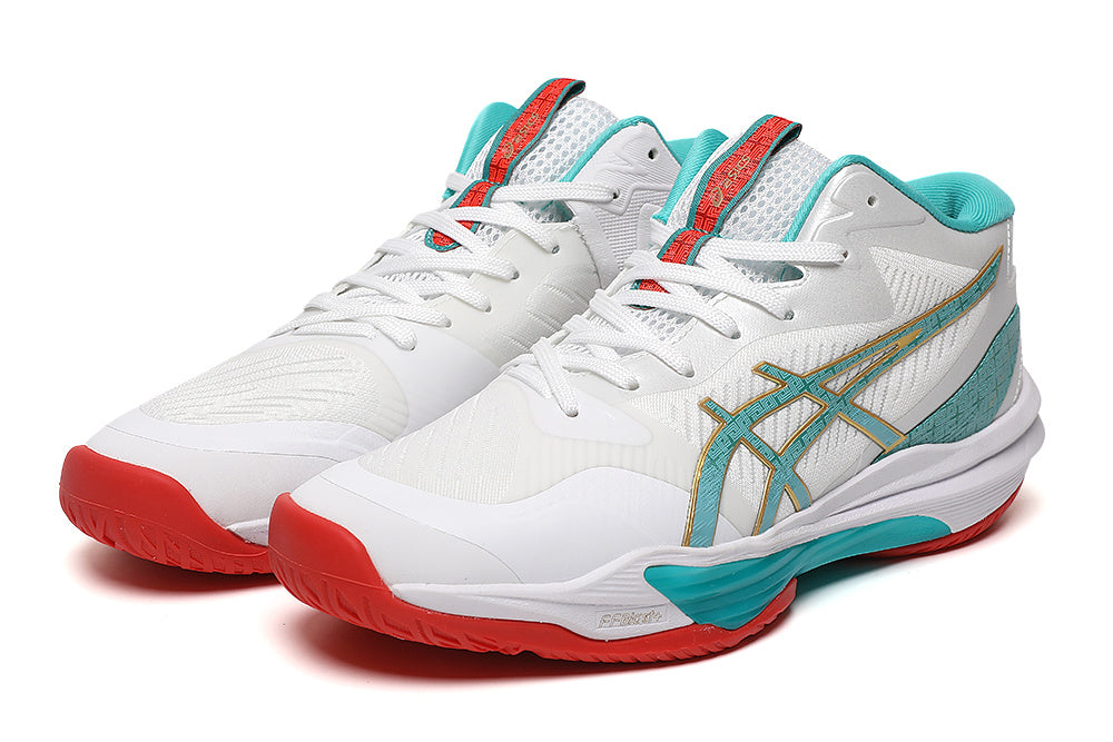 ASICS White and Aqua Indoor Court Trainers - product image from the listing.