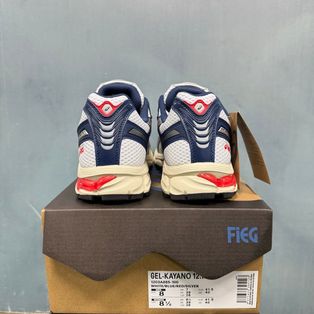 ASICS GEL-KAYANO 12.1 Sneakers in White Blue Red 1203A885-100 - product image from the listing.